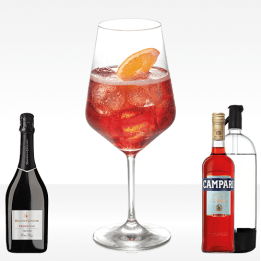 Spritz Campari con campari bitter, prosecco maschio dei cavalieri e seltz