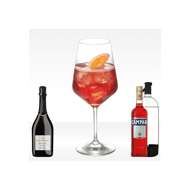 Spritz Campari con campari bitter, prosecco maschio dei cavalieri e seltz